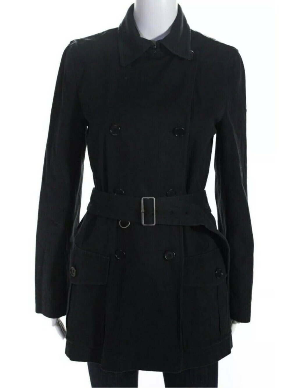 $477 THEORY Designer Stretch Fall Double Breasted Trench Coat Jacket Black M